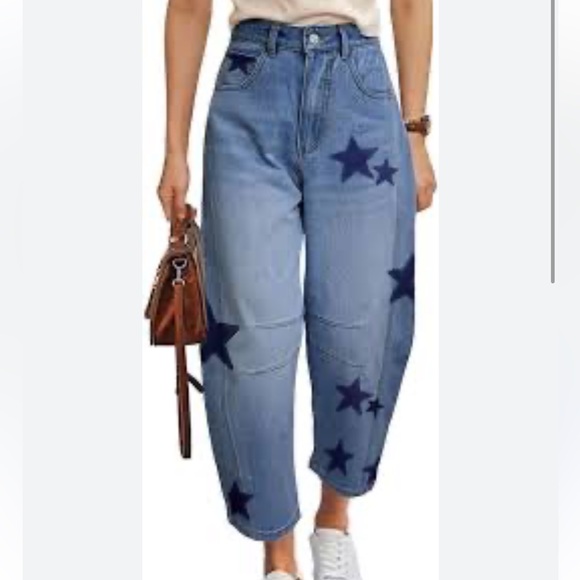 Y2K Style Star Print Barrel Jeans Women’s Medium Cropped Statement Denim - Picture 11 of 11